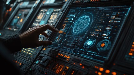 Fototapeta premium A hand touches a digital screen displaying a brain scan on a futuristic console
