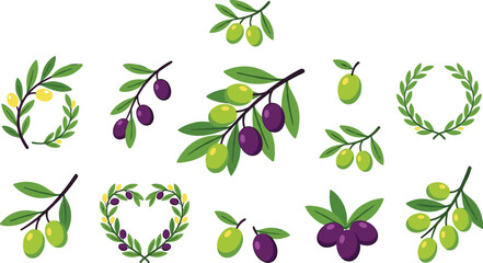 Obraz premium Colorful Olive Branch and Wreath Vector Set Featuring Green and Purple Olives for Mediterranean Product Packaging and Logo Designs