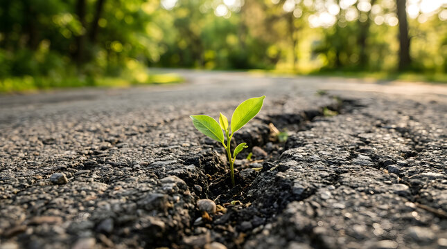 A small green plant growing through a deep crack in an asphalt road, symbolizing resilience, hope, and nature reclaiming urban environments