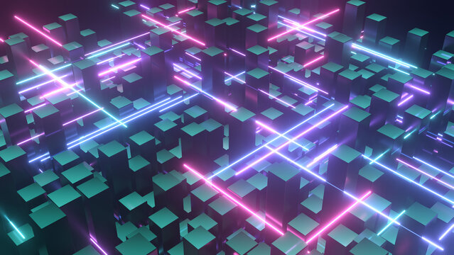 Neon laser squares extending staggered in dark space