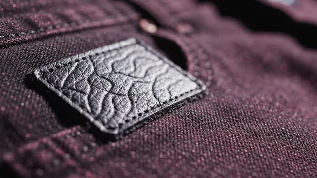 Macro close-up shot of a textured black leather patch sewn onto dark fabric, showcasing detail.