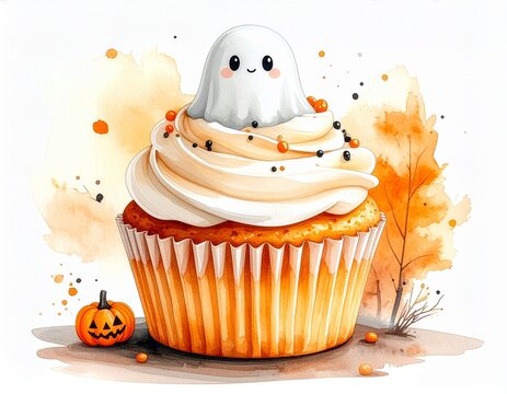 ハロウィーンの幽霊のカップケーキの水彩イラスト