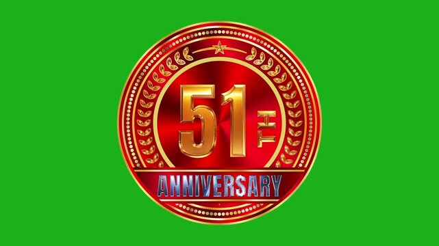 Brilliant 51st anniversary gold award badge with glossy red ruby gemstone disc and vibrant studio lighting on green screen 4k video