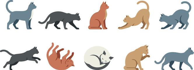 Obraz premium Flat Cartoon Cats Silhouette Icon Set with Various Breeds Poses and Activities Including Sleeping Stretching Running and Grooming