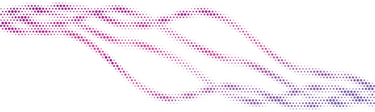 Abstract flowing waves of tiny dots in gradient pink and blue on white seamless background