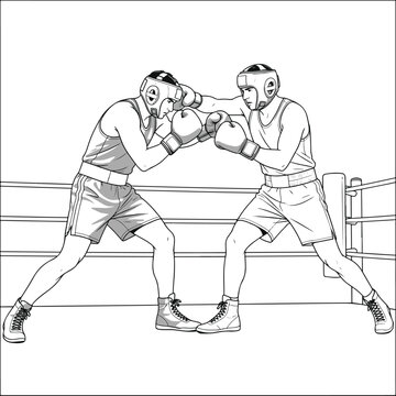Black and white line art illustration of two boxers sparring in a ring with protective gear sparring fighters competition athletic headgear