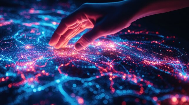 A human hand hovers above a vibrant, glowing digital network of light particles