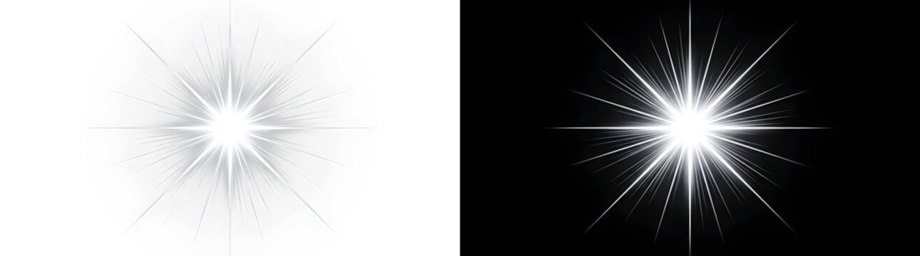 Bright white star burst design featuring sharp radiating light beams and glowing lens flare effect created on transparent background