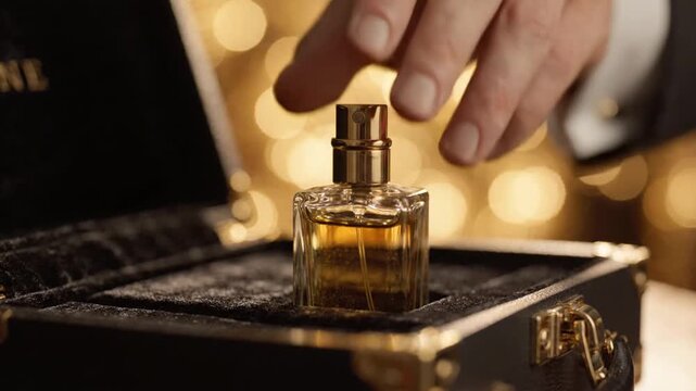 Man placing luxury perfume bottle into velvet case, golden bokeh.