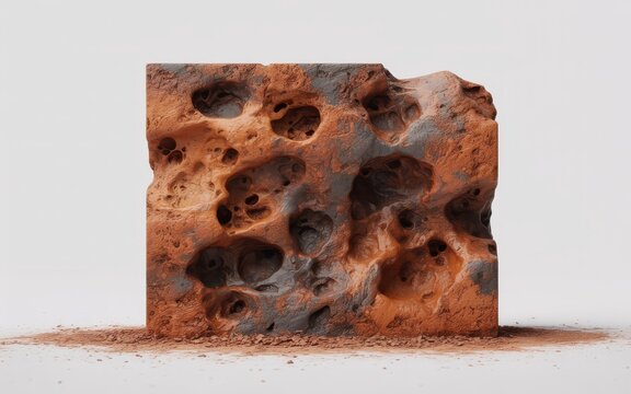 Porous orange rectangular block with eroded surface and dusty particles on floor.