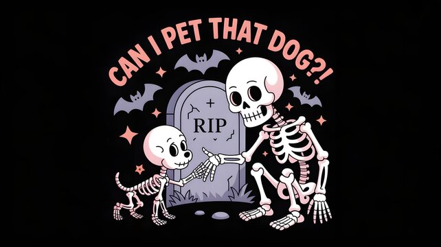 A friendly cartoon skeleton gently touches paws with a small skeleton dog near a tombstone