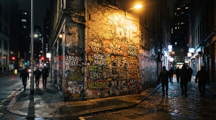 Fototapeta premium Urban street corner at night with graffiti wall under street light and pedestrians walking on wet pavement
