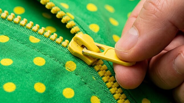 Hand pulling yellow zipper on green fabric with yellow polka dots.