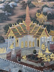 Traditional Thai Buddhist mural painting depicting Buddhist mythology on the temple wall in Bangkok, Thailand. © lawplow