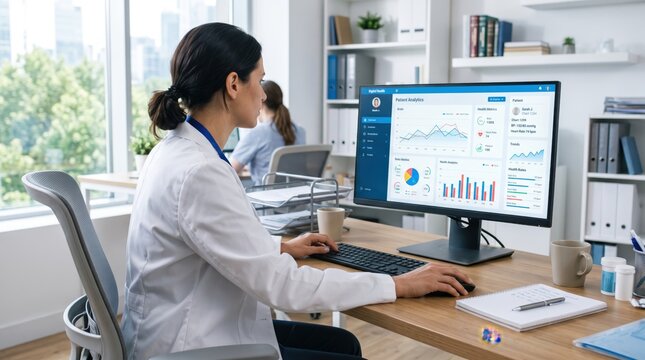 Female doctor in white coat analyzing patient health analytics dashboard on computer monitor in bright modern medical office, healthcare data visualization and electronic medical