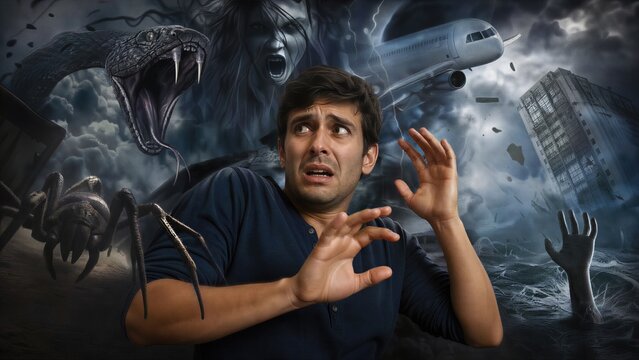 Scared man surrounded by mental phobia concepts like snake, spider, ghost, airplane and disaster. Psychological struggle with anxiety and panic attack. Mental health disorder illustration.