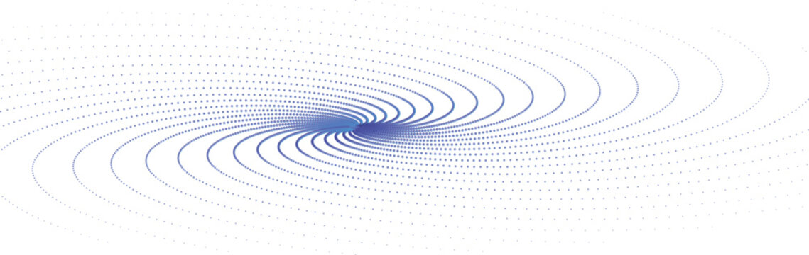 Abstract blue spiral vortex formed by small dots against a clean white background
