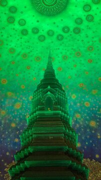 Ceiling painting and emerald glass stupa inside Maharatchamongkhon Stupa at Wat Paknam Bhasicharoen, Bangkok, Thailand.
