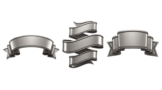 Set of three premium 3D silver metallic banners and ribbons isolated on white background; brushed steel texture heraldic design elements for awards, labels, and title headings.