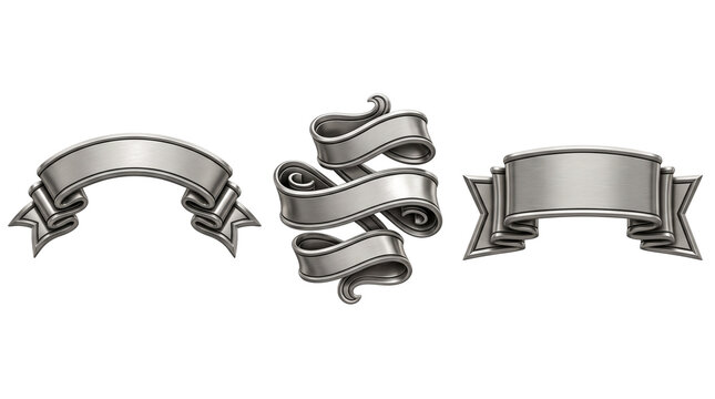 Set of elegant 3D silver metallic ribbons and banners with brushed chrome texture isolated on white background for luxury labels and award designs.