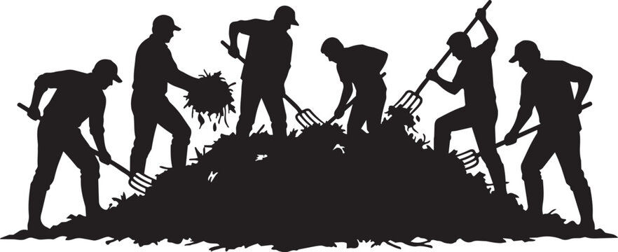 Agricultural workers silhouette, farmers working with pitchforks on hay pile, manual labor in farming vector illustration