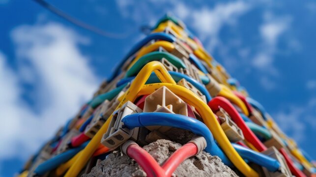 Colorful Plastic Electrical Cables Wrapped Around a Concrete Structure Under a Bright Blue Sky