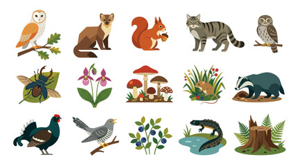 Naklejka premium Flat Style Forest Animals and Plants Vector Icons - Nature Wildlife Collection