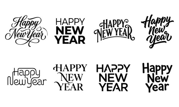 Collection of eight modern and classic happy new year text styles and fonts