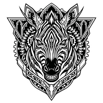 Intricate black and white illustration of a fierce zebra head with detailed gothic and geometric patterns, symmetrical design.