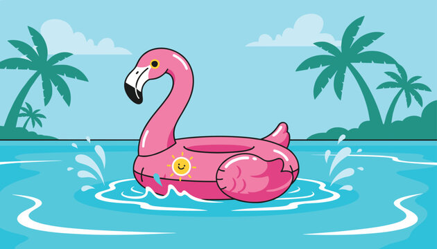 Fun summer illustration of a giant pink flamingo inflatable pool float drifting on blue sea water with palm trees.