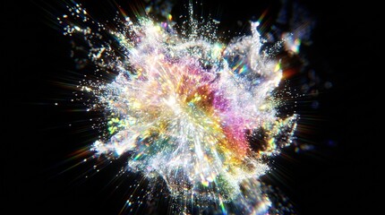 Fototapeta premium Colorful crystal explosion and prismatic light burst isolated on black background
