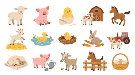 Obraz premium Cute Flat Cartoon Farm Animals and Agriculture Elements Vector Set