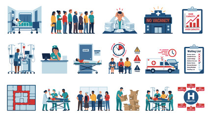 Fototapeta premium Medical Healthcare System Capacity Crisis Flat Vector Icons Set. Hospital Overcapacity, Patient Wait Times, Bed Shortage