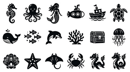 Obraz premium Ocean Marine Life Underwater Objects Glyphs. Black and White Sea Creatures Mythical Icons Set