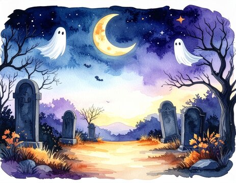 ハロウィーンの夜の墓地と幽霊の水彩イラスト背景素材