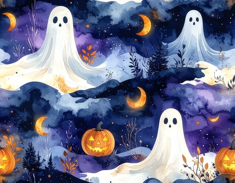 ハロウィーンの幽霊のシームレスパターンの水彩イラスト