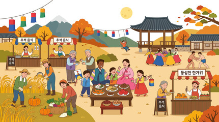 Fototapeta premium Korean Autumn Festival: Family Gathering, Traditional Market, Harvest Celebration