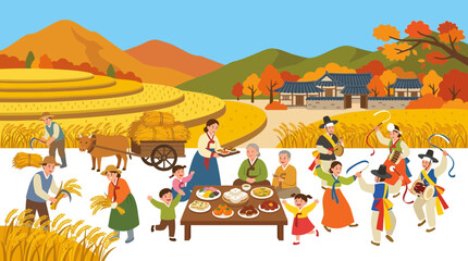 Naklejka premium Korean Autumn Harvest Festival: Family Feast & Traditional Dance Celebration