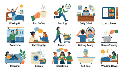 Naklejka premium Flat Vector Icons: Daily Life Routine Activities Self-Care