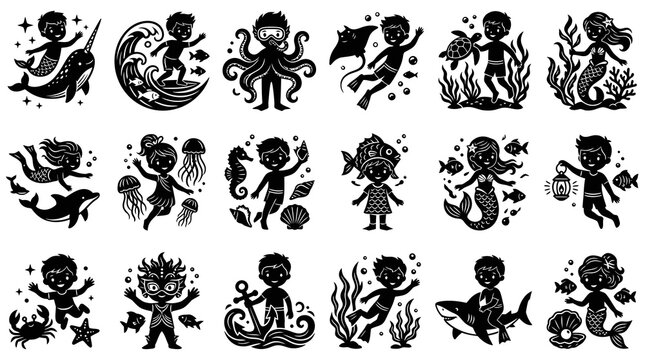 Black  White Kids Marine Adventure Glyph Vector Set. Children and Sea Animals Underwater Silhouettes Illustration.