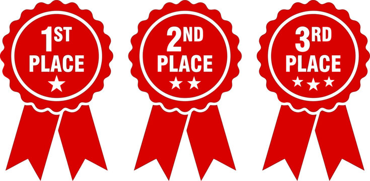Three red award ribbons featuring first second and third rank indicators displayed in a horizontal sequence represent competitive success and top achievements earned through excellence