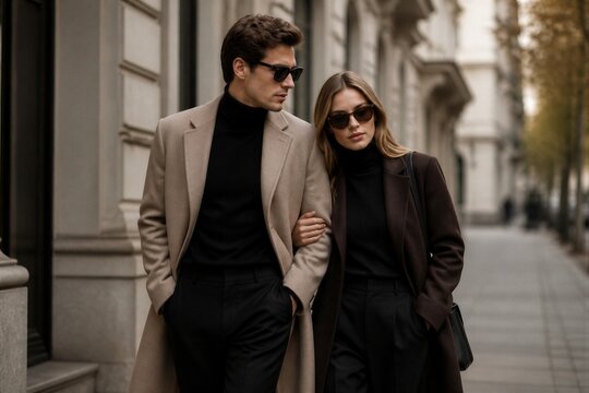 Man and woman walking arm in arm on urban city sidewalk