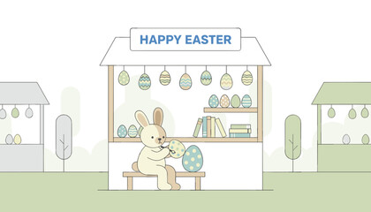 Fototapeta premium Cute Easter bunny sitting on a bench and painting colorful eggs at a festive market stall on a white background.