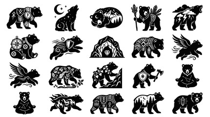 Obraz premium Black and White Bear Icons Set, Vector Stock Graphics