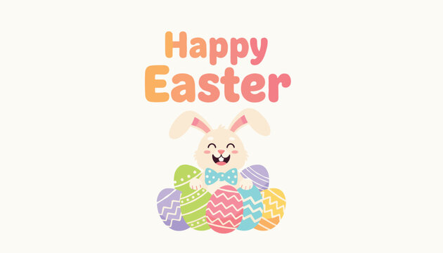 Happy Easter card showing a cheerful white bunny with a blue bow tie smiling behind a pile of colorful decorated eggs.