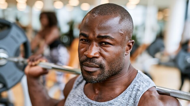 Muscular man with intense expression lifts heavy weights in a gym.