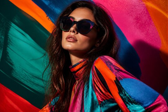 Woman wearing sunglasses posing against colorful fabric backdrop