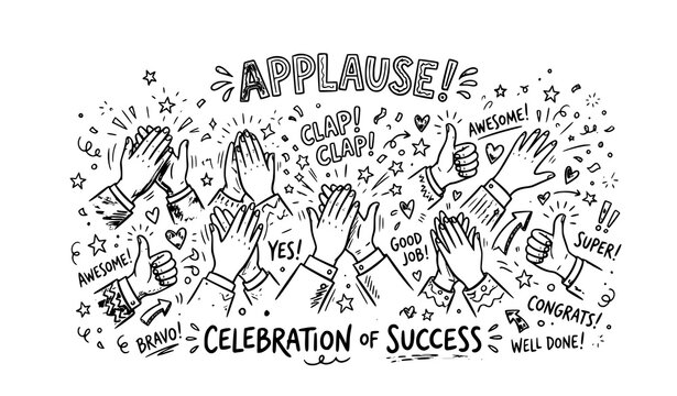 Applause Celebration of Success Hand Drawn Doodle with Clapping Hands and Congrats Text Vector Illustration Design