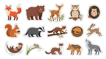 Obraz premium Adorable Woodland Animals Vector Stickers - Fox, Bear, Deer, Owl, Hedgehog, Squirrel