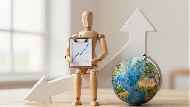 Wooden figure holds chart, stands beside globe and upward arrow symbolizing global growth.